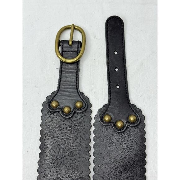 LUCKY Brand Brown Tooled Brass Studded Wide Leather BELT Size XL Western Boho - Picture 5 of 8